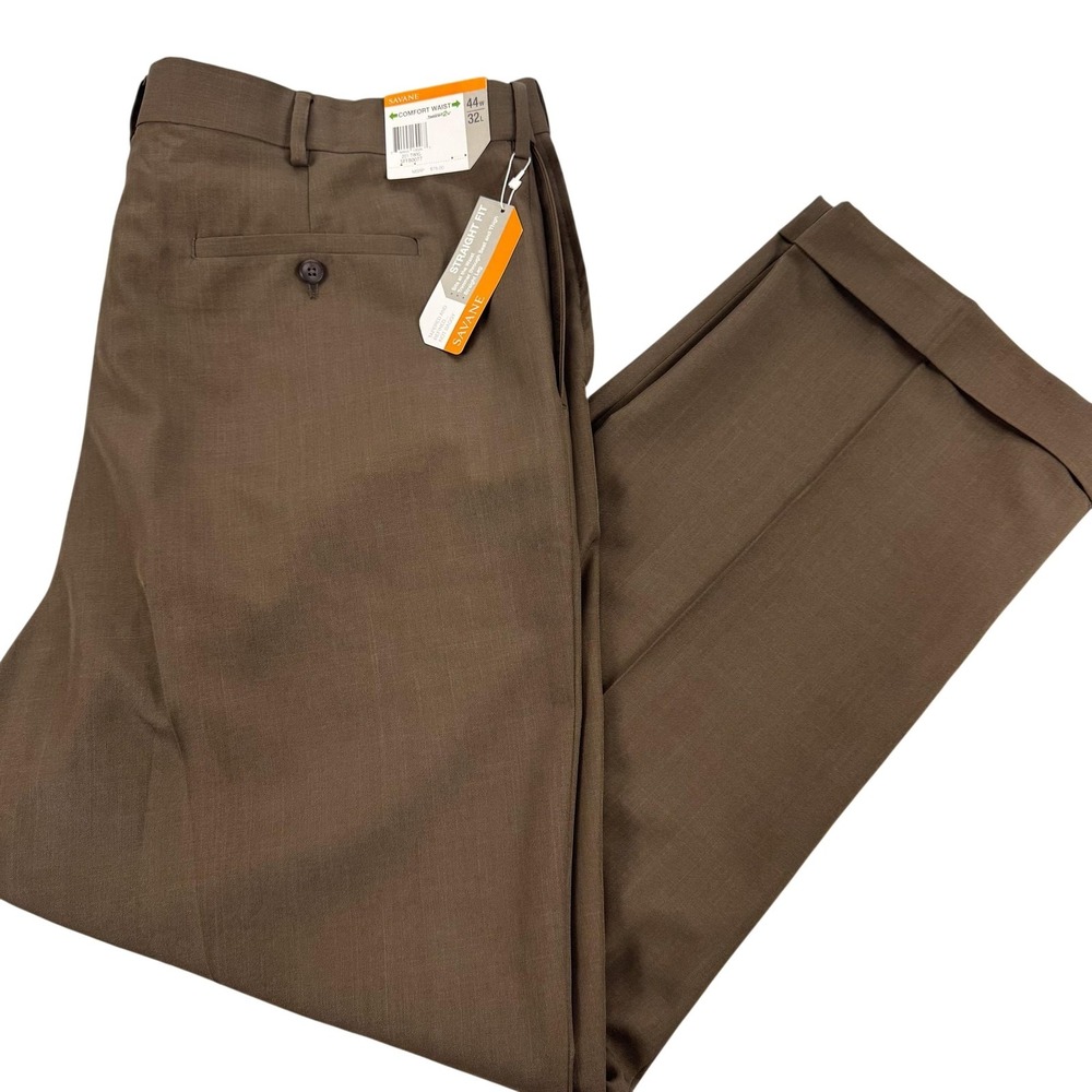 Savane Pants Mens 44x32 Brown Straight Fit Comfort Waist Pleated Cuffed NEW $78